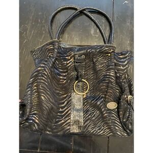 D&G Dolce & Gabbana Zebra Print Faux Fur Croc Embossed Patent Shoulder Bag Black